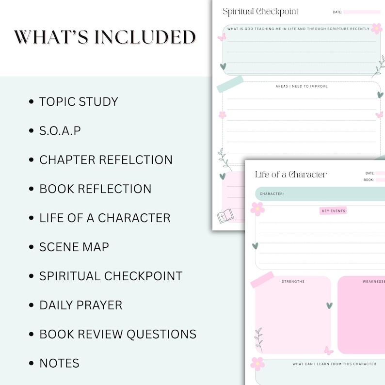 May include: A planner with the text "WHAT'S INCLUDED" and a list of topics. The planner pages have a light green and pink color scheme with floral and butterfly accents. The pages include sections for spiritual reflection and character analysis.