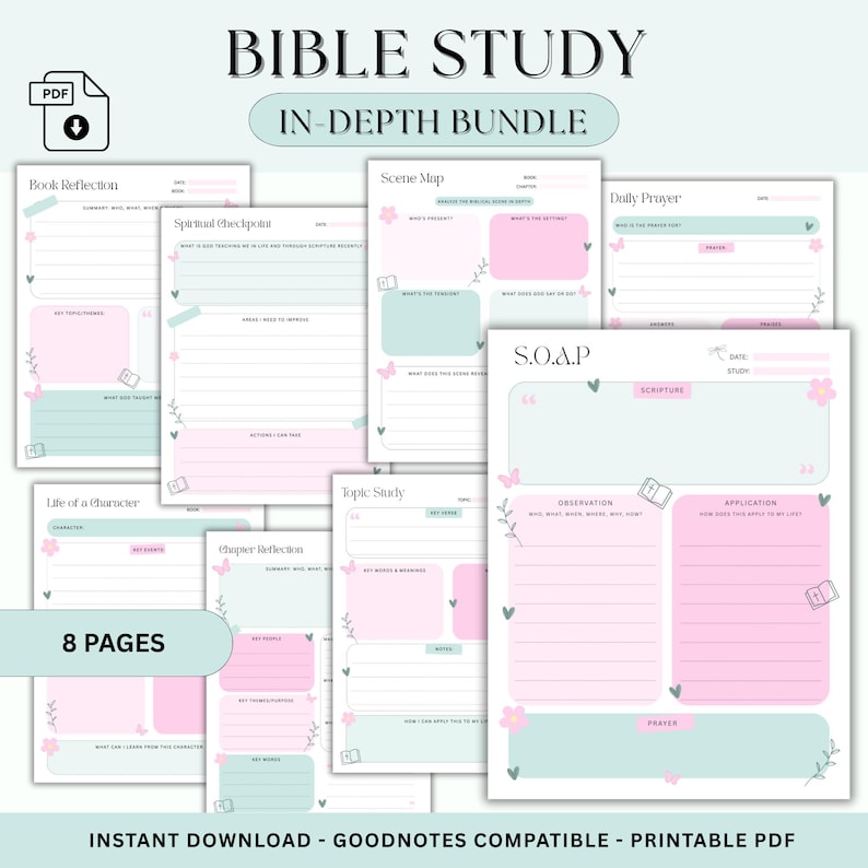 May include: A printable PDF Bible study bundle with 8 pages. The pages feature pastel pink and teal backgrounds with floral and butterfly accents. Titles include "Book Reflection," "Scene Map," and "Daily Prayer."