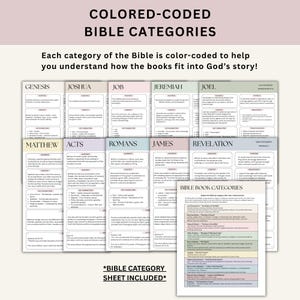 Op de afbeelding: Een set kleurgecodeerde Bijbelcategoriebladen. De titel luidt "GEKLEURDE BIJBELCATEGORIE&Euml;N". Elke categorie is kleurgecodeerd om te helpen begrijpen hoe de boeken in Gods verhaal passen. De tekst "BIJBELCATEGORIEBLAD INBEGREPEN" staat onderaan.