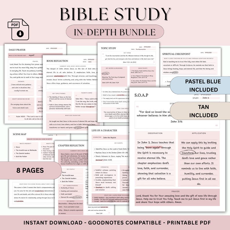 Pacchetto di modelli di studio biblico digitale, diario di studio biblico stampabile, strumenti di studio biblico, fogli di lavoro per capitoli della Bibbia, diario biblico in formato PDF immagine 1