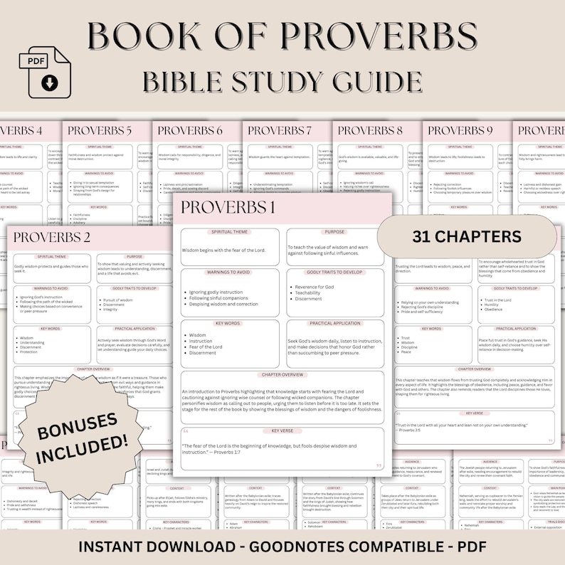 Proverbs Bible Study Guide, 31 Chapter Summaries, Chapter Reflection ...