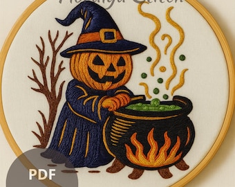 Pumpkin Witch Cauldron Embroidery Pattern: Spooky Halloween Needlework (PDF Download