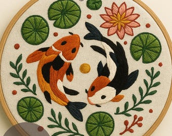 Yin Yang Koi Fish Embroidery Pattern: Boho Botanical Hoop Art (PDF Download)