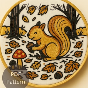 Autumn Squirrel Embroidery Pattern: Fall Leaves & Acorn Hoop Art (PDF Download)