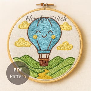 Hot Air Balloon on the Clouds & Valley Embroidery Pattern PDF – Instant Digital Download for Nursery Decor, DIY Hoop Art for Kids’ Room