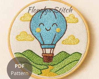 Hot Air Balloon Embroidery Pattern: Clouds & Valley Nursery Decor (PDF Download)
