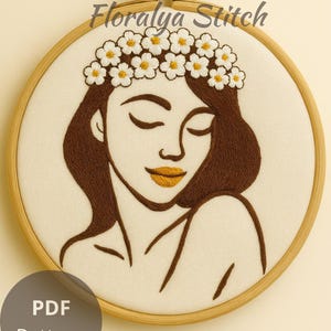 Floral Crown Woman Embroidery Pattern: Minimalist Hoop Art (PDF Download