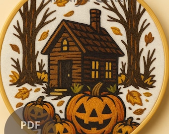 Haunted Cabin Embroidery Pattern: Spooky Halloween Hoop Art (PDF Download