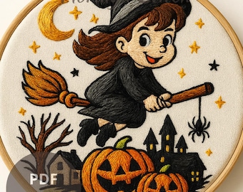 Halloween Witch Embroidery Pattern: Spooky Haunted House Hoop Art (PDF Download