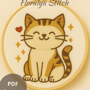 Cute Cat Embroidery Pattern, Hand Stitch Kitten Design, PDF Hoop Art for Kids Room, DIY Cat Sewing Template, Instant  Download