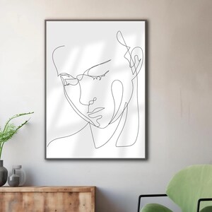 Impression d&#39;art au trait visage de femme minimaliste : décoration murale moderne en noir et blanc, décoration murale élégante pour chambre et maison