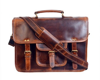 Handmade Buffalo Leather Messenger Bag: 15-inch Laptop Briefcase, Custom Engraved Gift