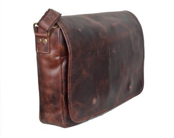 Full Grain Buffalo Leather Vintage Messenger Bag: 16 Inch Laptop Satchel Briefcase