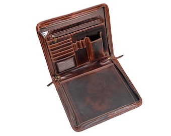 Personalized Full Grain Leather Portfolio: Zippered Padfolio, Tablet Sleeve