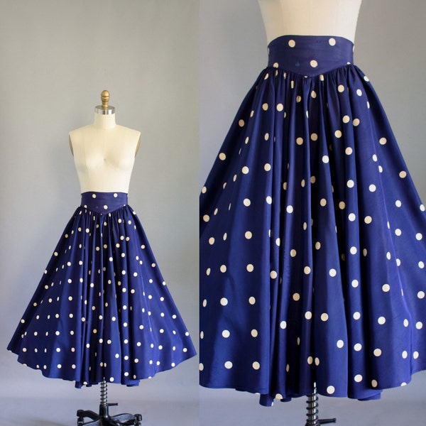Vintage 50s Skirt/ 1950s Skirt/ Navy Blue Polka Dot Highwaisted Circle Skirt XS