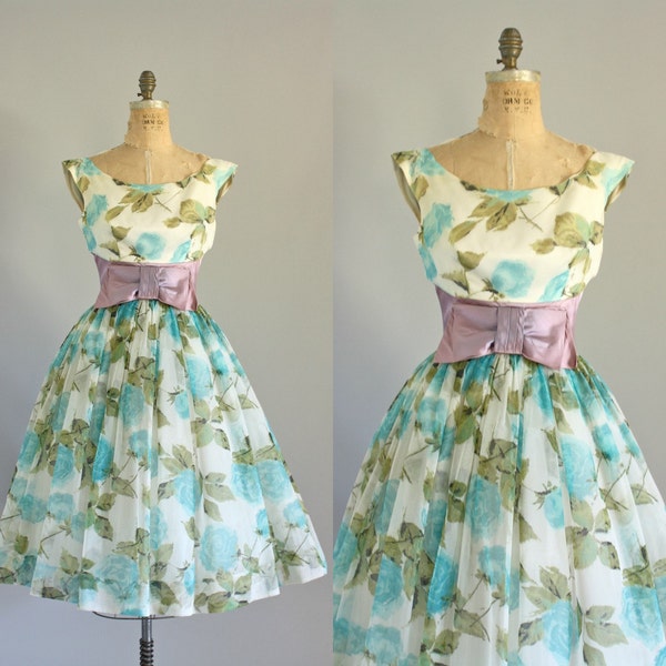 Vintage 50s Dress / 1950s Prom Dress / Turquoise and Green Floral Party Dress w/ Shelf Bust S/M