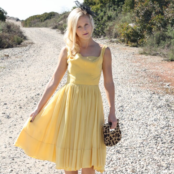 Vintage 50s Dress / 1950s Party Dress / Yellow Sheer Party Dress w/ Sequins XS