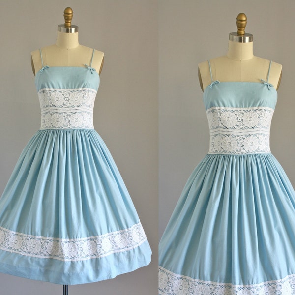 Vintage 50s Dress/ 1950s Cotton Dress/ Gay Gibson Light Blue Spaghetti Strap Dress w/ Lace S