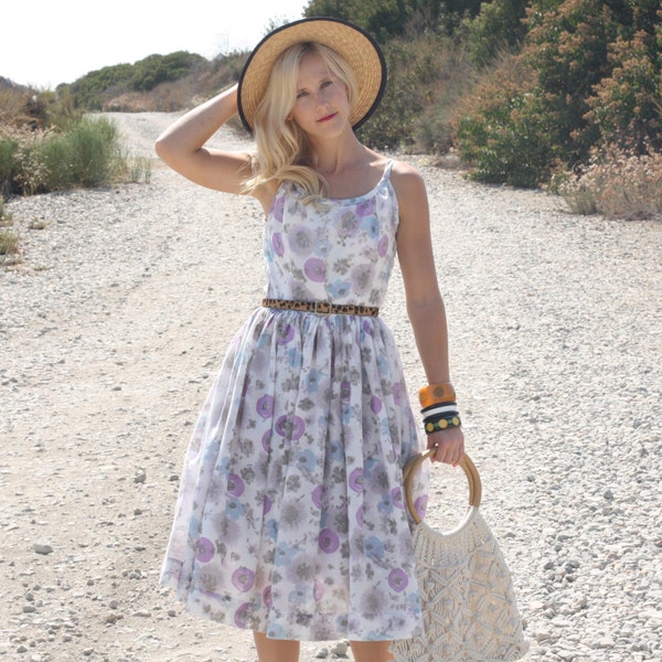 Vintage 1950s Dress / 50s Floral Dress / Purple and Aqua Floral Cotton Sun Dress S/M