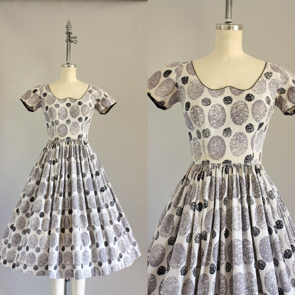 Vinatge 50s Dress/ 1950s Cotton Dress/ White, Black, Gray Spotted Print Dress w/ Full Skirt XS
