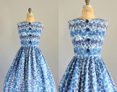 Vintage 50s Dress/ 1950s Cotton Dress/ Mode O' Day Blue Floral Sundress XL