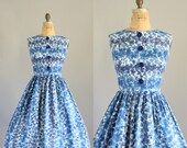 Vintage 50s Dress/ 1950s Cotton Dress/ Mode O' Day Blue Floral Sundress XL