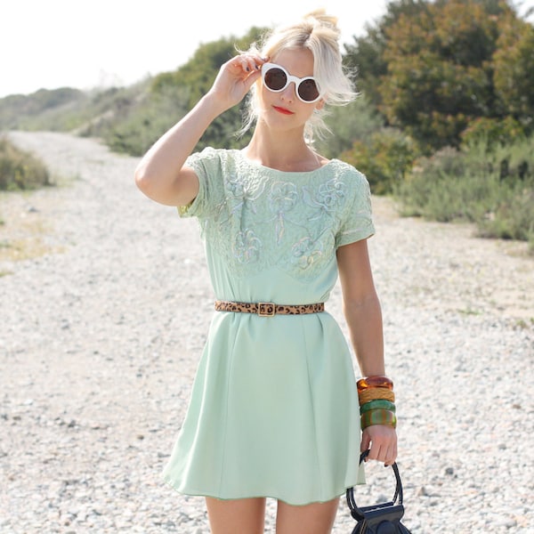 VTG 60s Pale Green Party Dress w/ Silver Sequins S/M