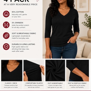 May include: A black V-neck shirt with three-quarter sleeves. The image includes text: 4 PACK, 95% COTTON, 5% SPANDEX, SOFT & BREATHABLE FABRIC, DURABLE & LONG LASTING, CLASSIC V NECK, COMFORTABLY ELASTIC, SOFT & STRETCHY FABRIC, ONE PRICE. FOUR SHIRTS.