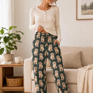 Puppy Print Pajama Pants for Women | 100% Cotton Jersey Lounge Pants | Dog Mom Gift