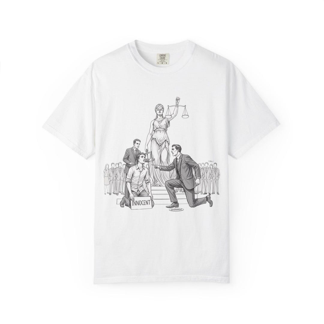 6th Amendment Courtroom Illustration T-shirt | Lady Justice Innocent ...