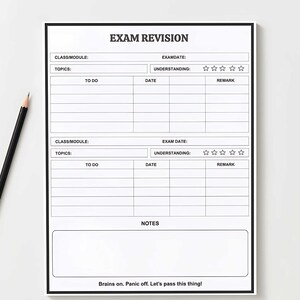 May include: A black and white exam revision notepad with a pencil on the side. The notepad includes sections for class/module, topics, exam date, understanding, to-do list, date, and remarks. The text "Exam Revision" is at the top, and "Brains on. Panic off. Let's pass this thing!" is at the bottom.