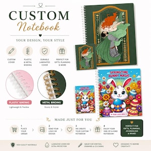 May include: A promotional image for custom notebooks. The image features notebooks with various designs, including a couple dancing and a bunny with Easter eggs. Text includes "Custom Notebook" and "Springtime Bunny Magic Coloring Book."