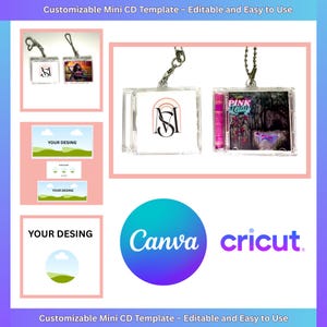 Może przedstawiać: Konfigurowalny szablon mini CD z tekstem "YOUR DESING" oraz logo Canva i Cricut. Obraz przedstawia przykłady etui na mini CD z różnymi wzorami, w tym tekstem "PINK Leidy". Obecny jest również tekst "Customizable Mini CD Template - Editable and Easy to Use".