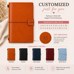 May include: A rectangular orange notebook with a horizontal elastic strap closure and a debossed initial M on the cover. The image displays customization options including a font style chart, a close-up of the hot embossing, and five color choices.