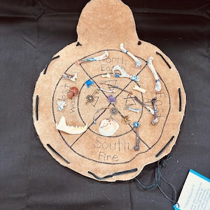 Może przedstawiać: Brązowa skórzana sakiewka z okrągłym wzorem z napisami "Północ", "Zachód", "Południe" i "Wschód". Wzór zawiera małe kości, muszle i inne elementy dekoracyjne. Sakiewka ma zapięcie na sznurek i etykietę.