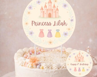 Princess Birthday Cake Topper | 5” Round Fairy Tale Party Decoration | Two-Sided Printable | Pink Castle Dress Up Theme | Instant Download