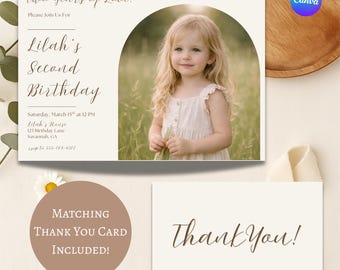 Two Years of Love Second Birthday Invitation | 2nd Birthday Invite with Photo | Boho Minimal Birthday | Neutral Editable Canva Template