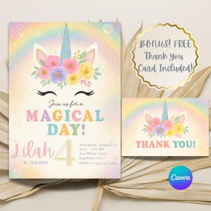 Invito di compleanno a tema unicorno magico / Invito di compleanno a tema unicorno per bambina / Invito per festa con colori pastello arcobaleno / Modello Canva modificabile / Stampabile