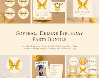 Softball Birthday Party Bundle | Batter Up Editable Invitation, Welcome Sign & Toppers | Canva Template | Digital Download