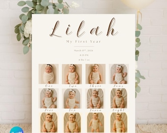 Boho 1st Birthday Welcome Sign | Minimalist Photo Collage Poster (Editable Canva Template)