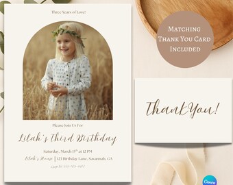Three Years of Love Third Birthday Invitation | Boho Neutral Birthday Invite | Minimalist 3rd Birthday Photo Invitation | Editable Canva