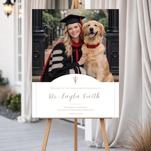 Modello di cartello di benvenuto per la laurea in veterinaria, decorazioni per la festa di laurea in veterinaria, cartello di laurea DVM, poster di laurea in veterinaria modificabile su Canva