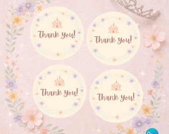 Princess Favor Tags | Printable Thank You Favor Tags | Princess Birthday Party Decor | Editable Canva Template | 2.5” Circle Favor Tag