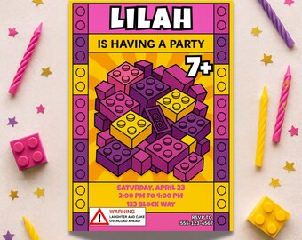 Girl Block Birthday Invitation | Editable Pink & Purple Building Blocks Party Invite | Brick Birthday Template for Kids | Instant Download