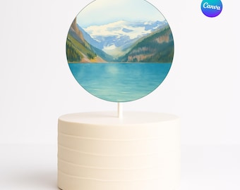 Adventure Awaits Cake Topper | 5” Mountain Scene Party Decor | Editable Canva Template