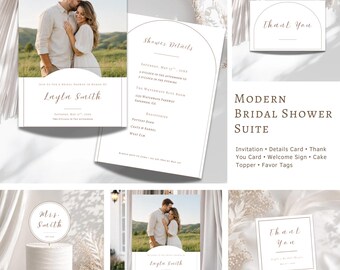 Modern Editorial Bridal Shower Bundle, Editable Bridal Shower Invitation Suite, Welcome Sign, Cake Topper & Favor Tags