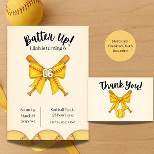 Softball Birthday Invitation | Girls Bow & Bats Party Invite | Editable Template | Printable Softball Birthday Card