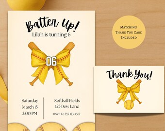 Softball Birthday Invitation | Girls Bow & Bats Party Invite | Editable Template | Printable Softball Birthday Card