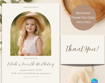 Four Years of Love Birthday Invitation | Boho 4th Birthday Invite | Neutral Minimalist Birthday | Editable Canva Template | Whimsical Party