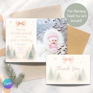 Winter ONEderland Photo Invitation | Editable Girl 1st Birthday Invite Canva Template 5x7 + Matching Thank You Card | Snowflake Birthday